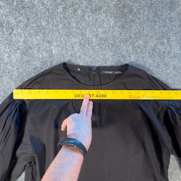 Natori Black Poplin Mini Dress S Balloon Sleeves Sleek Cotton Blend Designer - Picture 6 of 8